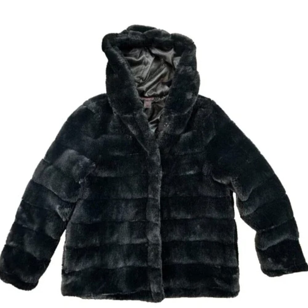 Christian Siriano Black Faux Fur Hooded Jacket Size L